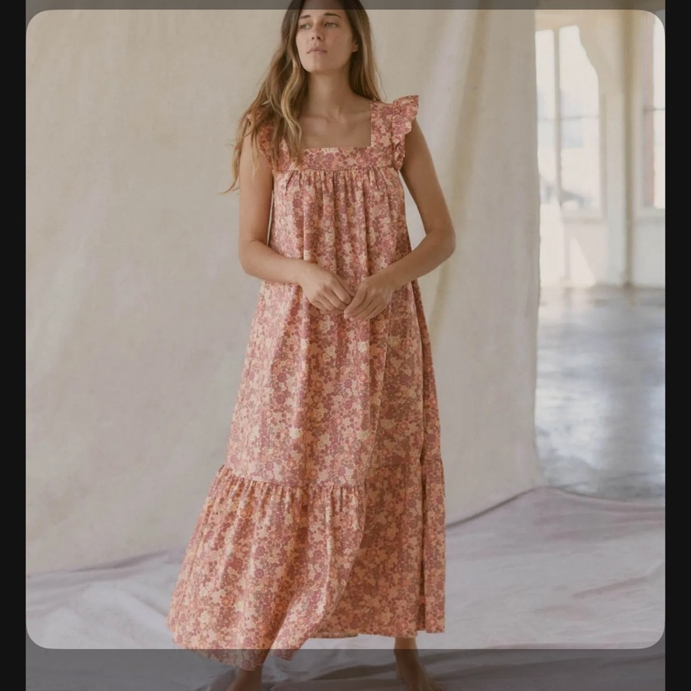 Rare Christy Dawn Benny Orange Pink Floral Boho Tiered Dress size Large - Picture 2 of 6